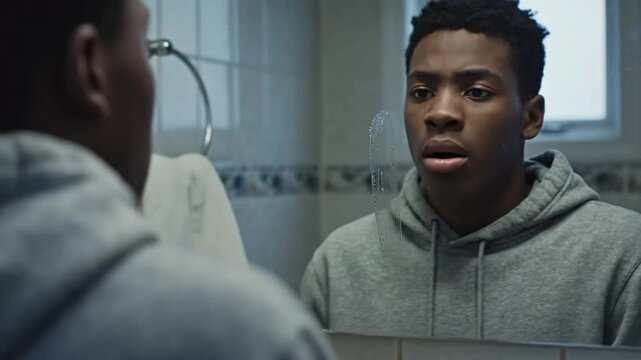 Young man looks in mirror and examines skin during morning routine in bathroom at home