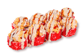 Close up of sushi roll with creamy spicy topping sauce and red tobiko caviar isolated on white background © Александр Гаврилычев