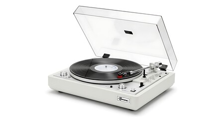 Fototapeta premium Vintage white record player turntable isolated on white background with shadow. AI Generated.