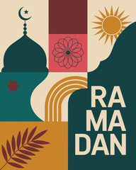 Minimalist Ramadan Poster with Islamic Symbols and Sun