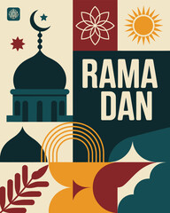 Minimalist Ramadan Poster with Mosque Sun and Crescent Moon