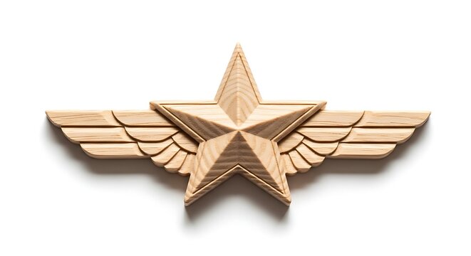 Wooden star with wings aviation badge isolated on white background with shadow. AI Generated.