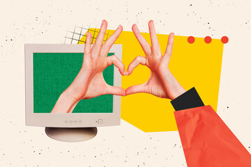 Composite artwork photo collage template of hand body language showing symbol gesture heart...