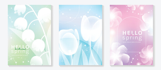 Fototapeta premium Spring flowers poster vector set. Botanical pastel gradient background and white floral design for spring and summer sale ads, invitation backgrounds, cards, branding, packaging and wall decoration.