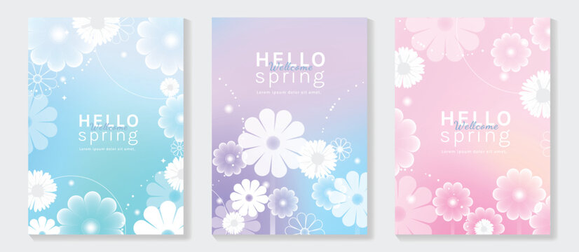 Spring flowers poster vector set. Botanical pastel gradient background and  white floral design for spring and summer sale ads, invitation backgrounds, cards, branding, packaging and wall decoration.