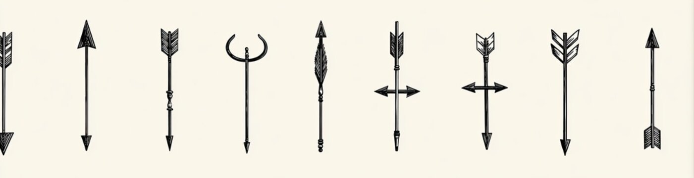 Hand-drawn arrow illustrations in a row, each with unique feathering and shaft designs, varying in shape