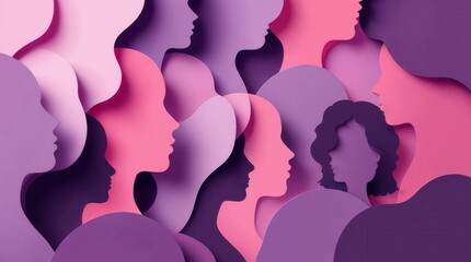Fototapeta premium Abstract paper cut silhouettes of women's faces. Layered 3D illustration in pink and purple tones. International Women's Day concept representing diversity and unity