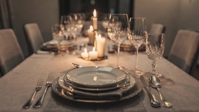 Private room dining in medium frame highlighting a sophisticated table setting with layered plates crystal glassware decorative candles and a softly diffused background.