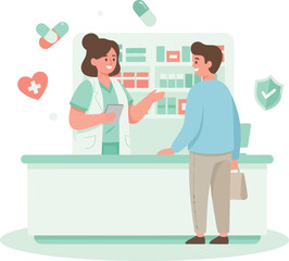 Fototapeta premium Pharmacist consulting with customer at counter, offering medication and health advice with pharmacy symbols