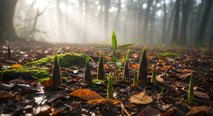 Obraz premium New plant growth emerging in a misty forest with sunlight filtering through trees