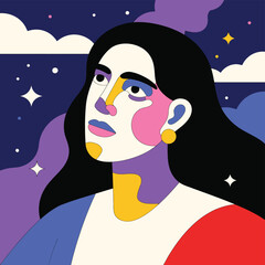 Stylized Portrait of a Woman with Colorful Facial and Night Sky Background