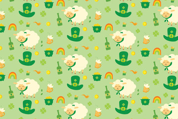 Obraz premium St. Patrick's Day Seamless Pattern and Wrapping Paper Design with Clover, Leprechaun Hat, Beer, and Sheep on Green Background for Irish Festival Celebration, Textile, and Gift Wrap Decor