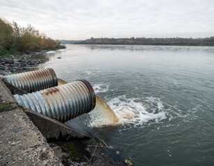 Industrial Drainage Pipe Releasing Waste Water into Riverbank Landscape