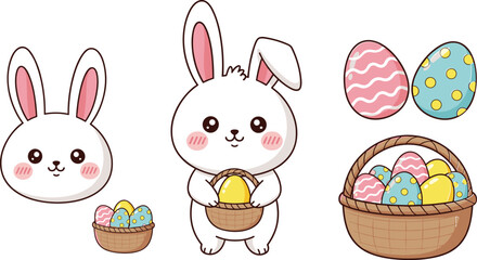 Cute Easter bunny character collection, kawaii rabbit holding egg basket, colorful decorated eggs set, spring holiday celebration cartoon vector illustration,
