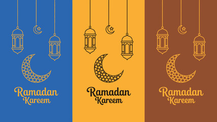 Three Ramadan Greeting Card with Crescents and Lanterns