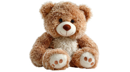 Fototapeta premium Fluffy brown teddy bear with a friendly face, sitting, A timeless icon of comfort, friendship, and cherished memories, isolated on transparent backgrounded