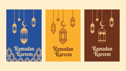 Three Ramadan Greeting Cards with Lanterns and Crescent Moons