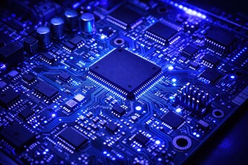Obraz premium Abstract Close-up of a Blue Electronic Circuit Board with Components