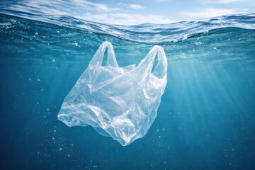 Fototapeta premium Plastic Bag Floating in Ocean Waters Under Bright Sky