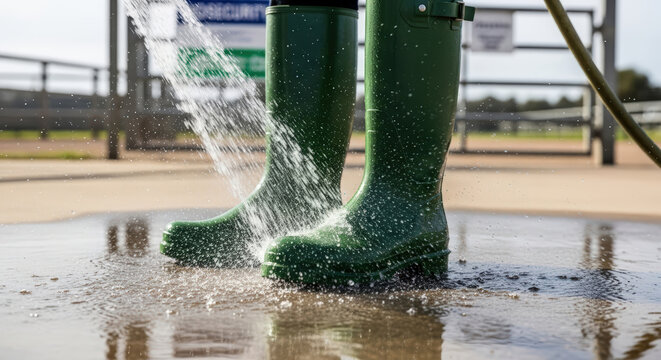 Disinfecting green rubber boots with water spray for biosecurity. Concept of hygiene and disease prevention for veterinary medicine.