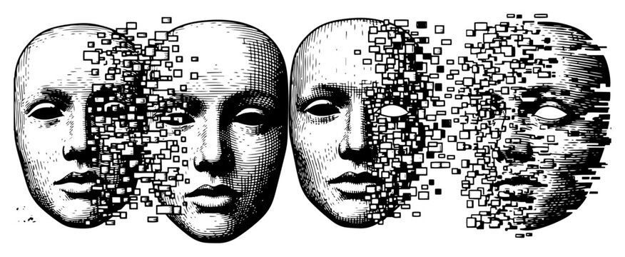 Human faces appearing from digital glitch patterns and pixelated fragments in dotwork engraving style