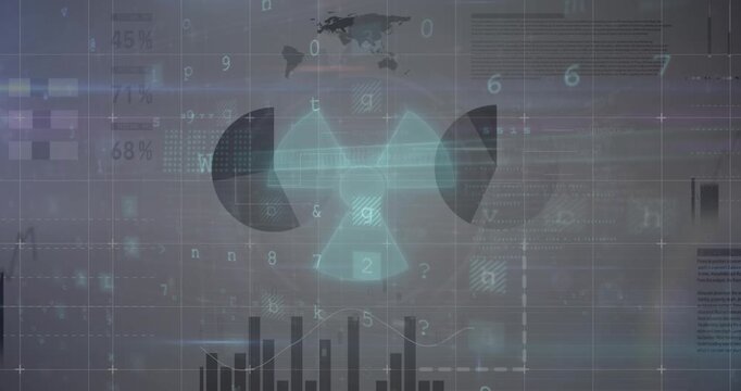 Animation of radioactive icon over cyber security and statistical data processing on grey background