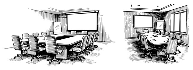 Professional conference room interior with large meeting table and chairs in hand drawn sketch style © Amelia
