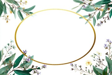 Obraz premium Elegant gold oval frame surrounded by watercolor-painted leaves, branches and tiny flowers