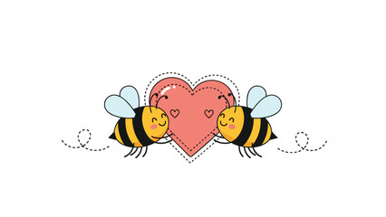 Fototapeta premium Two adorable cartoon bees lovingly hold a prominent pink heart, symbolizing affection, partnership, and a sweet bond.