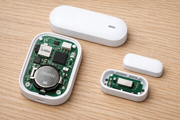 Disassembled Electronic Device Components on Wooden Surface