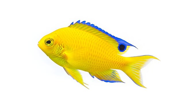 Vibrant yellow damselfish isolated on white background with shadow. AI Generated.