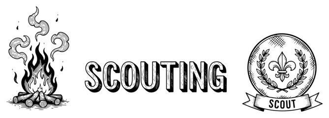 Scouting horizontal banner with campfire and decorative fleur de lis emblem in engraving style © Amelia