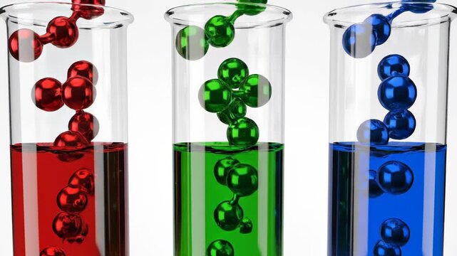 Three test tubes filled with red green and blue liquids and bubbles isolated on white background