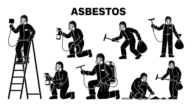 Asbestos removal workers in protective gear performing hazardous material handling