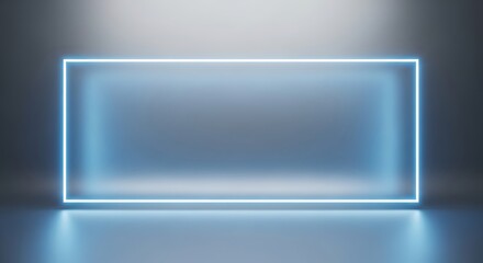 Fototapeta premium Neon blue light glowing rectangular frame on a dark reflective surface ideal for product display