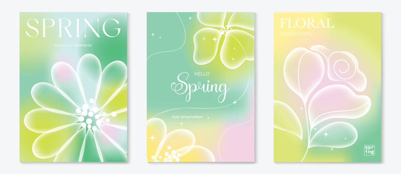 Spring flowers poster vector set. Botanical pastel gradient background and  white floral design for spring and summer sale ads, invitation backgrounds, cards, branding, packaging and wall decoration.