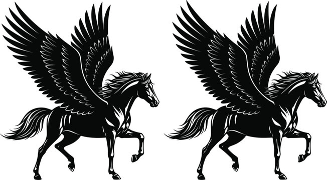 Two identical bold black silhouettes of a majestic winged pegasus standing in side profile isolated on white background for heraldry and fantasy branding..