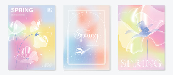 Fototapeta premium Spring flowers poster vector set. Botanical pastel gradient background and white floral design for spring and summer sale ads, invitation backgrounds, cards, branding, packaging and wall decoration.