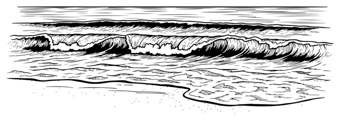 Hand drawn vintage engraving of ocean waves breaking on a sandy beach shore © Amelia