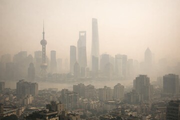 Fototapeta premium Misty Skyline of Shanghai with Iconic Buildings and Urban Landscape