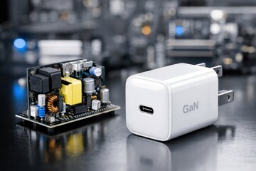 Modern GaN Charger with Circuit Board Against Technology Background