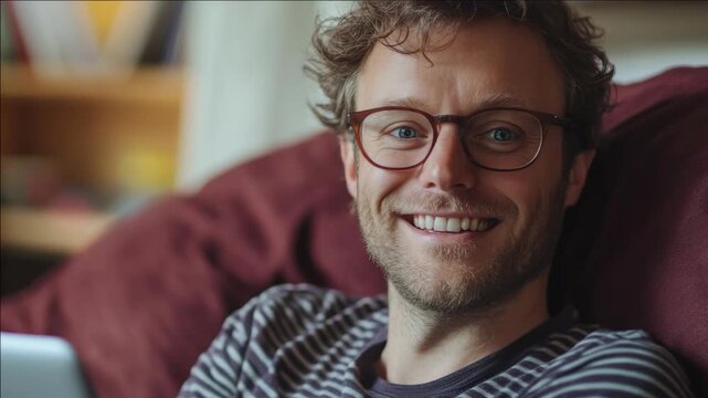 Man enjoying a moment of happiness with a broad smile.