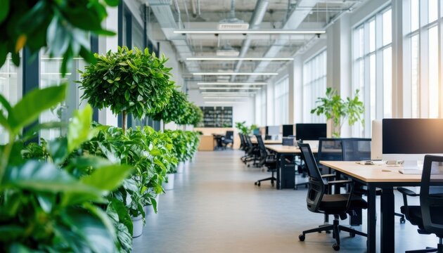 Modern office with workplaces and green plants