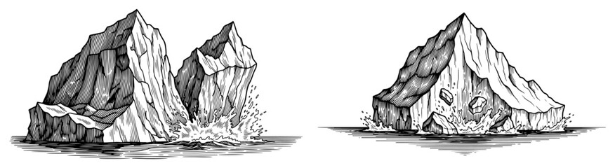 Sketches of icebergs or rocky islands floating in water with splashing waves © Amelia