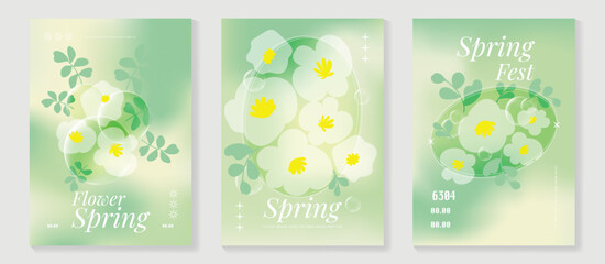 Obraz premium Spring flowers poster vector set. Botanical pastel gradient background and white floral design for spring and summer sale ads, invitation backgrounds, cards, branding, packaging and wall decoration.