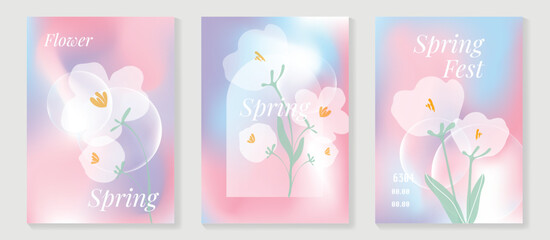 Fototapeta premium Spring flowers poster vector set. Botanical pastel gradient background and white floral design for spring and summer sale ads, invitation backgrounds, cards, branding, packaging and wall decoration.