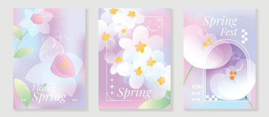 Fototapeta premium Spring flowers poster vector set. Botanical pastel gradient background and white floral design for spring and summer sale ads, invitation backgrounds, cards, branding, packaging and wall decoration.