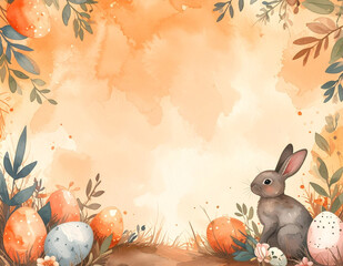 Cute Easter bunny with painted eggs, watercolor spring frame on orange pastel background