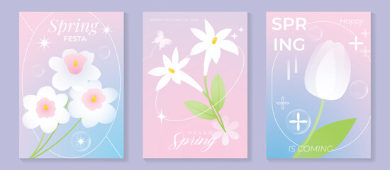 Fototapeta premium Spring flowers poster vector set. Botanical pastel gradient background and white floral design for spring and summer sale ads, invitation backgrounds, cards, branding, packaging and wall decoration.