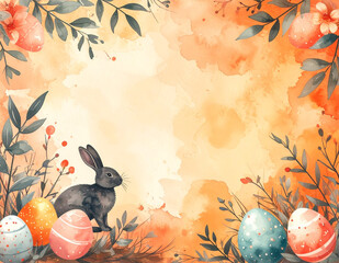 Festive Easter watercolor border with bunny and eggs, warm orange spring background with copy space